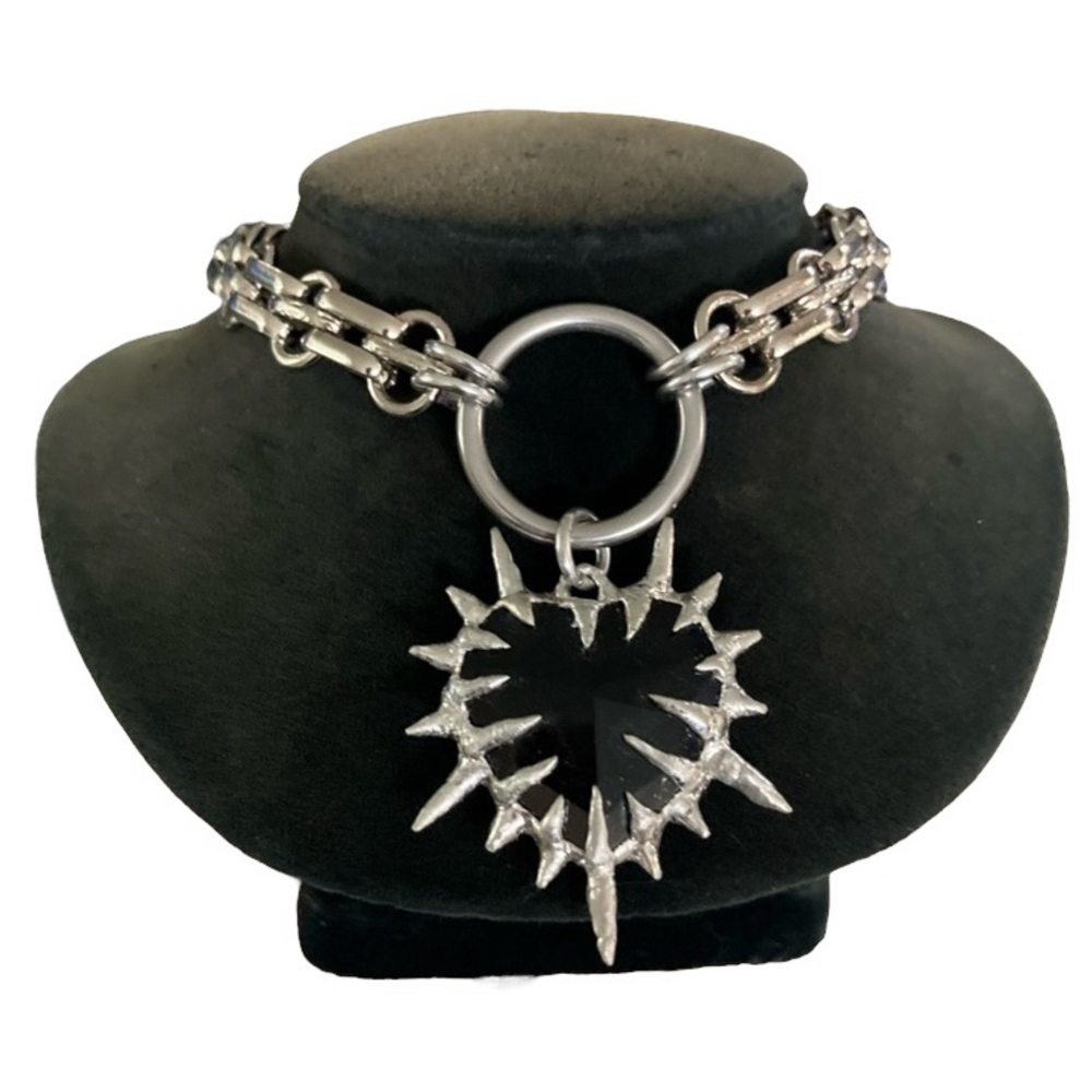 Thick Black onyx stone spike st valentine gothic heart stainless steel chain - Picture 2 of 8